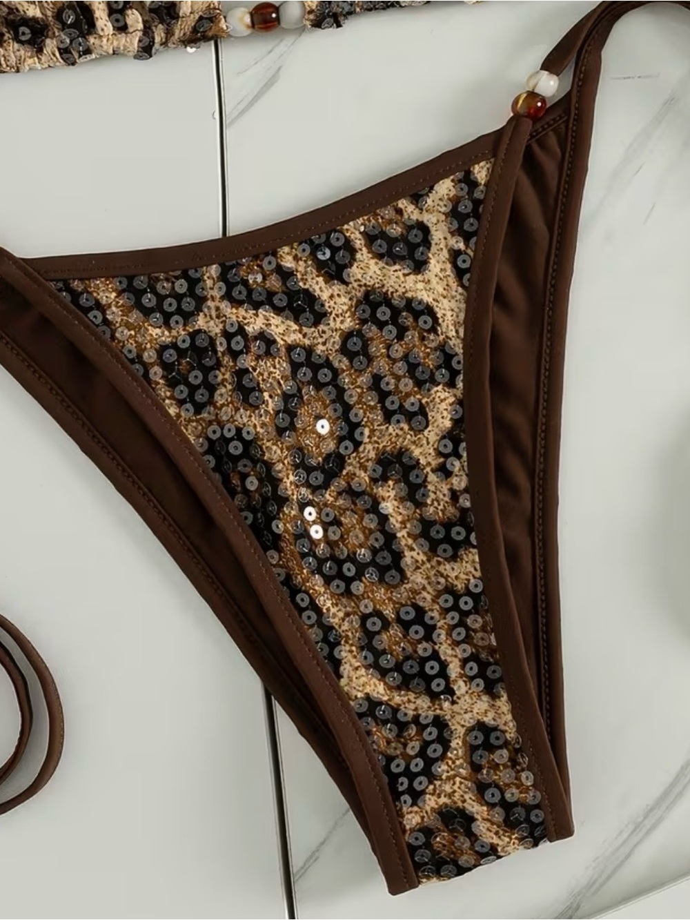 Sexy Brown Leopard Print Bead Accents Tie Side Bikini Set - Picture 9 of 11